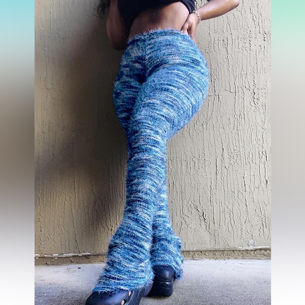 Blue Fuzzy Textured Knit Pants
